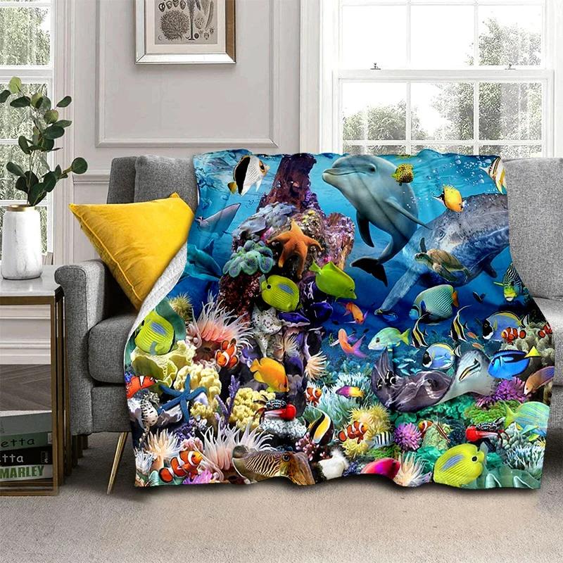 3D Underwater World Seabed Cartoon Blanket,Soft Throw Blanket for Home Bedroom Bed Sofa Picnic Travel Office Cover Blanket Kids