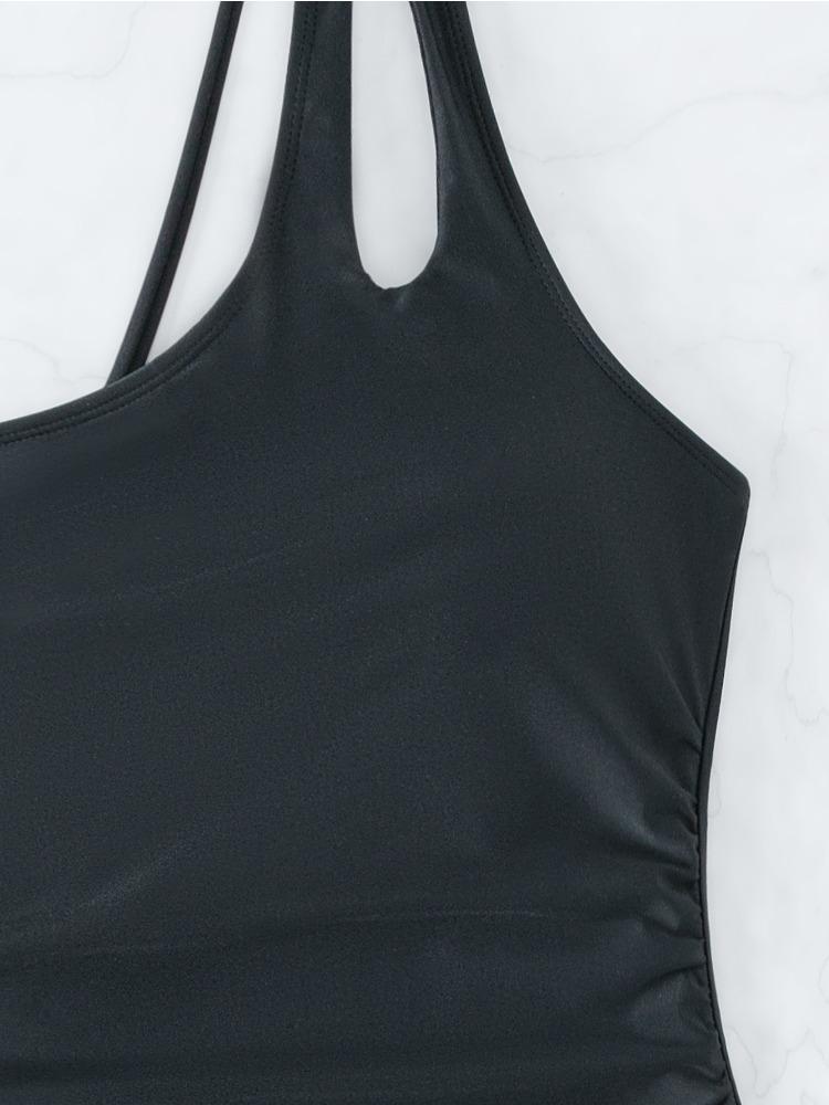 Solid Color One Shoulder Sexy High Waist One Piece Bikini Swimsuit Women Fashion Beach Vacation Elegant Wear