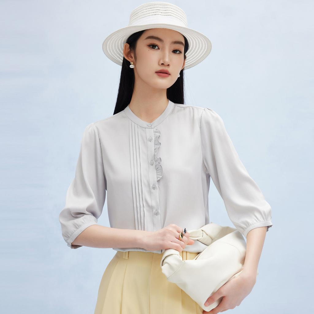 Spring and Summer New Style with Mushroom Edge Design Commuting Mulberry Silk Five Sleeve Shirt for Women
