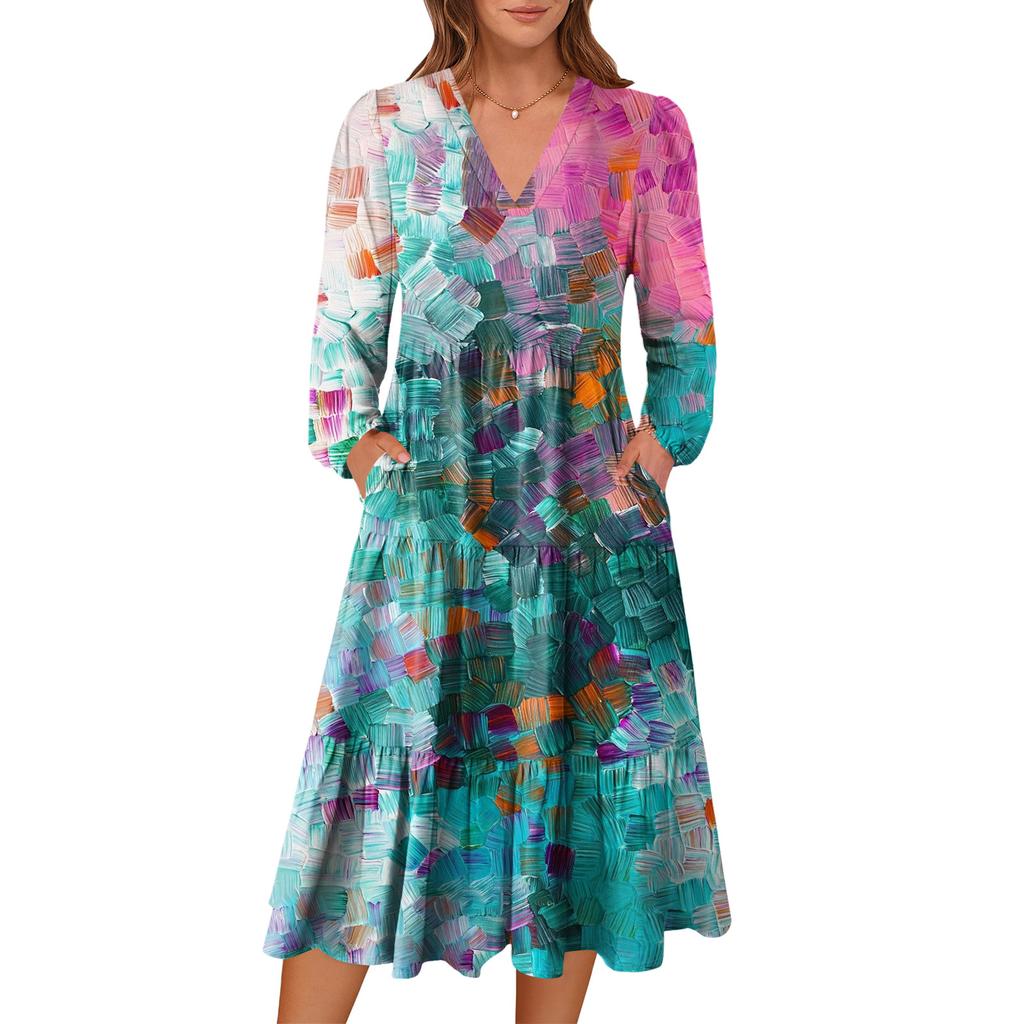 Damen V-Ausschnitt Fließendes Bohemian Langarm Blumenprint Kleid
