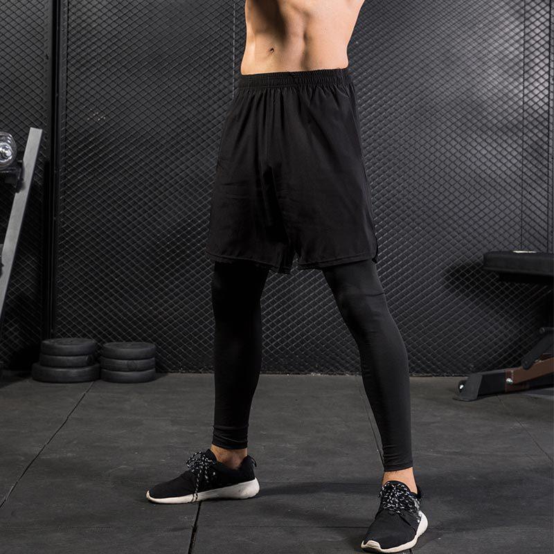 Men's Tight Pants Fake Two Piece Fitness Active Pants & Tights Exercise Running Training Casual Elastic Speed Drying Pants 7010