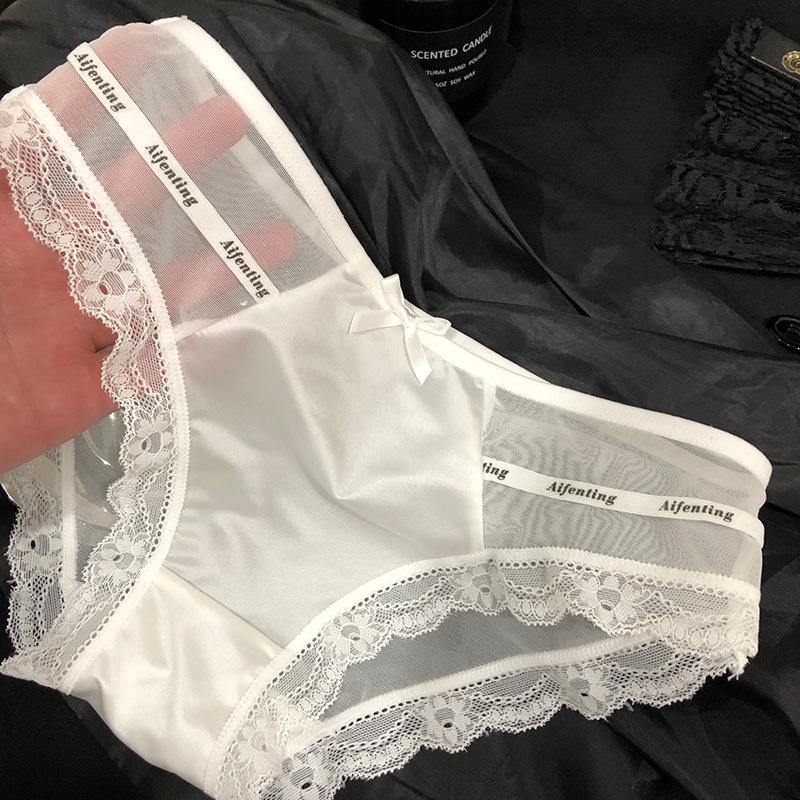 Satin Letter Hollowed Out Fashionable Women's Ice Silk Black Lace Underwear Sexy New Women's Triangle Pants