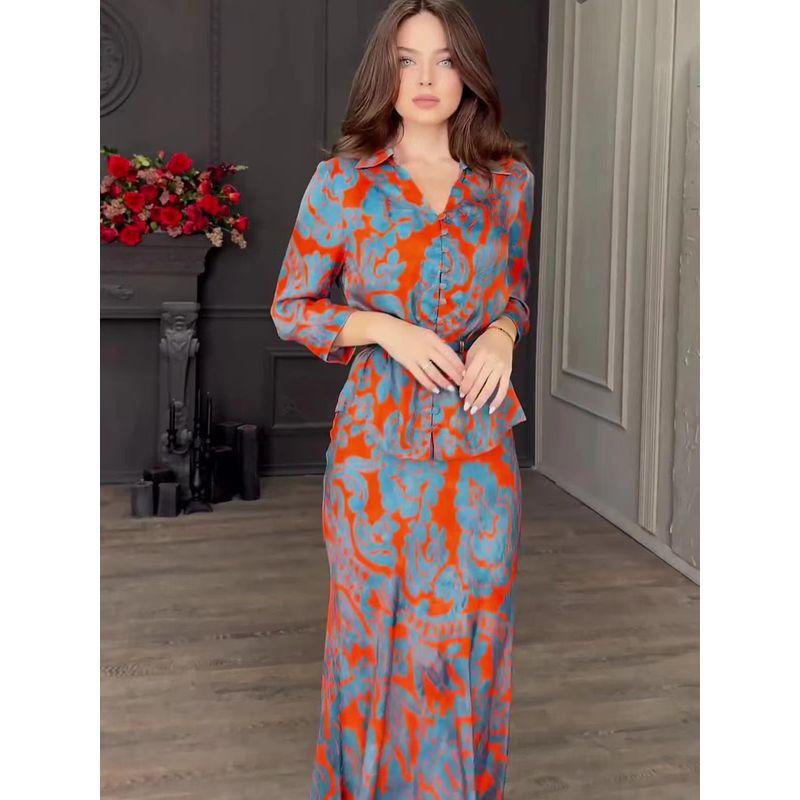 Western Style New Print Slim fit Shirts Skirt sets Printed Shirt and Skirt Set
