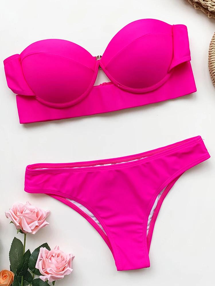 Neon Green Push Up Bra Cup Bikini Women Bandeau Swimsuit Female Swimwear Two Pieces Bikini Set Brazilian Bathing Suit Swim Lady