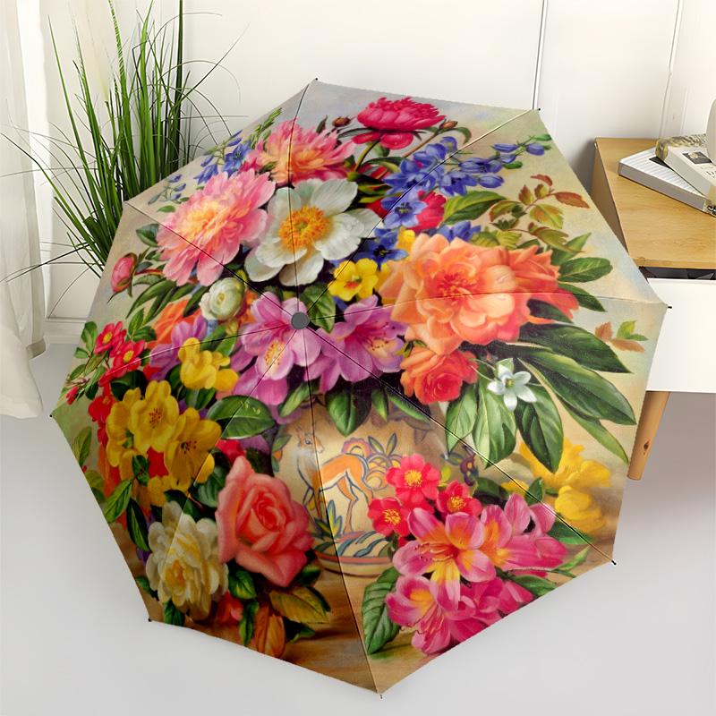 Floral Still Life Bouquet Outdoor Automatic Umbrella Folding Umbrella with 8 Ribs Lightweight for Outdoor Daily Use Stylish Accessory Spiritual Gift