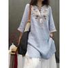 Summer Heavy Industry Women's Vintage Embroidered Medium-length Loose Cotton and Linen Stylish Casual Pullover Top