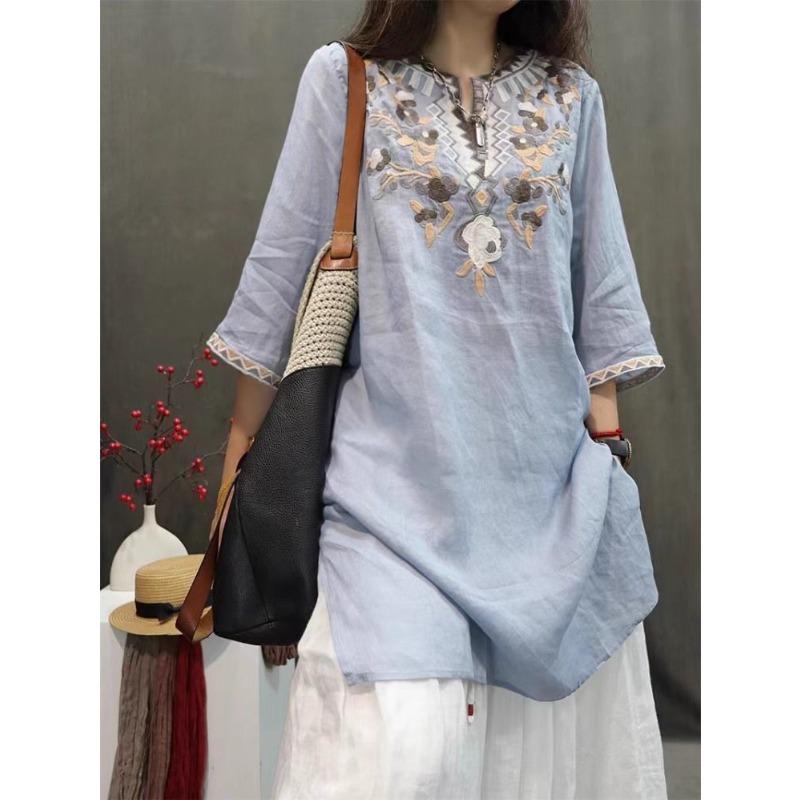Summer Heavy Industry Women's Vintage Embroidered Medium-length Loose Cotton and Linen Stylish Casual Pullover Top