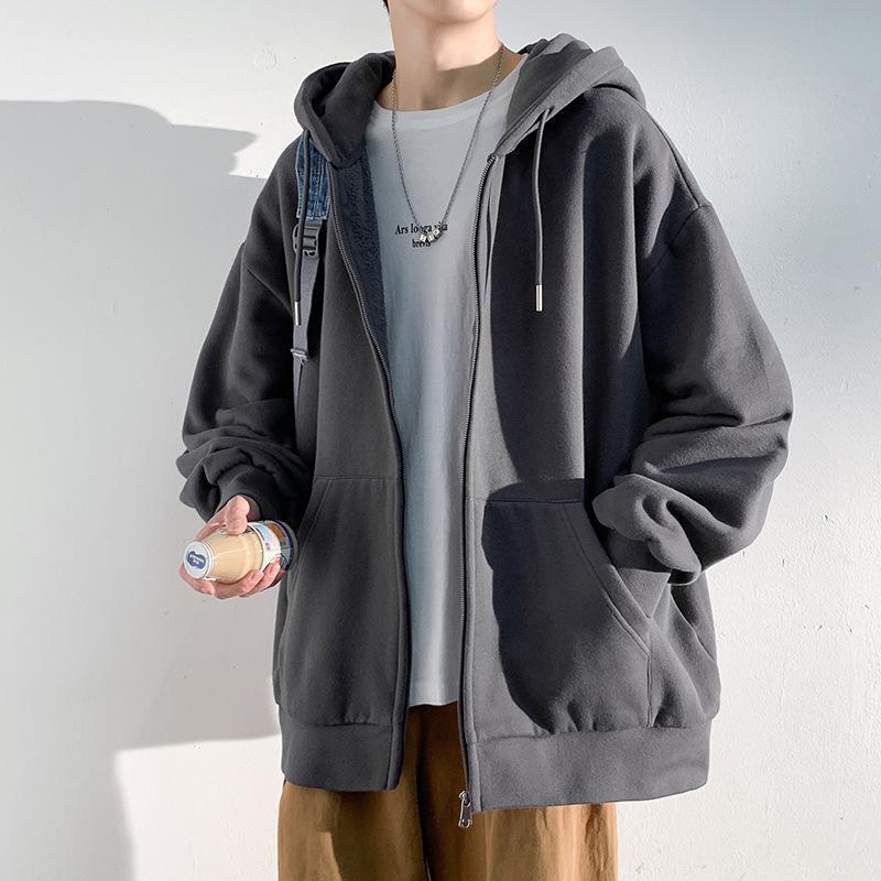 Men's Hong Kong Fashion Zip-Up Cardigan: Loose Hooded Jacket, Trendy Autumn Solid Color Top