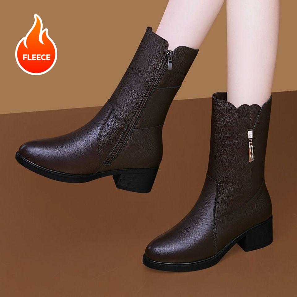 

2025 г. Женские сапоги средней высоты из натуральной мягкой кожи, осенне-зимние, на толстом каблуке, плюс бархатные толстые теплые нескользящие сапоги 41 золотой/коричневый