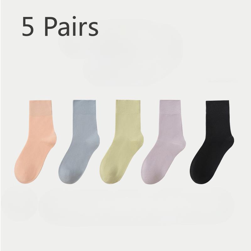 5 Pairs of White Stockings, Women's Mid-calf Socks, Spring and Autumn Boneless Socks, Versatile, Black Summer Thin Postpartum Socks