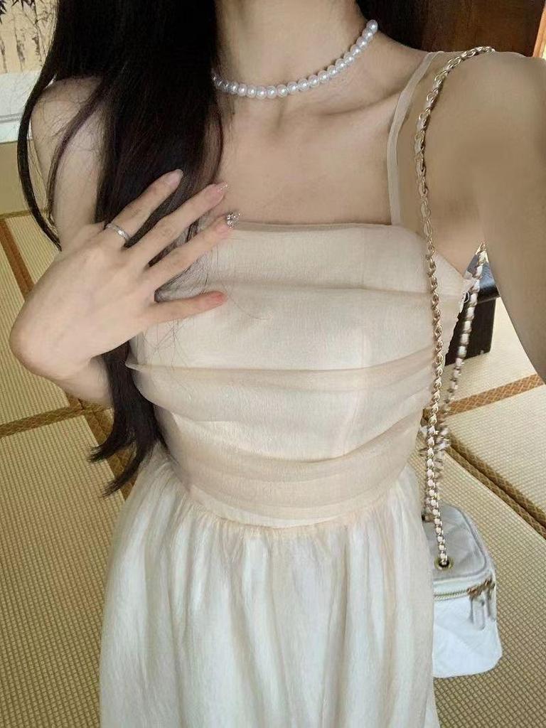 Women's 2024 French White Spaghetti Strap Slimming Evening Dress