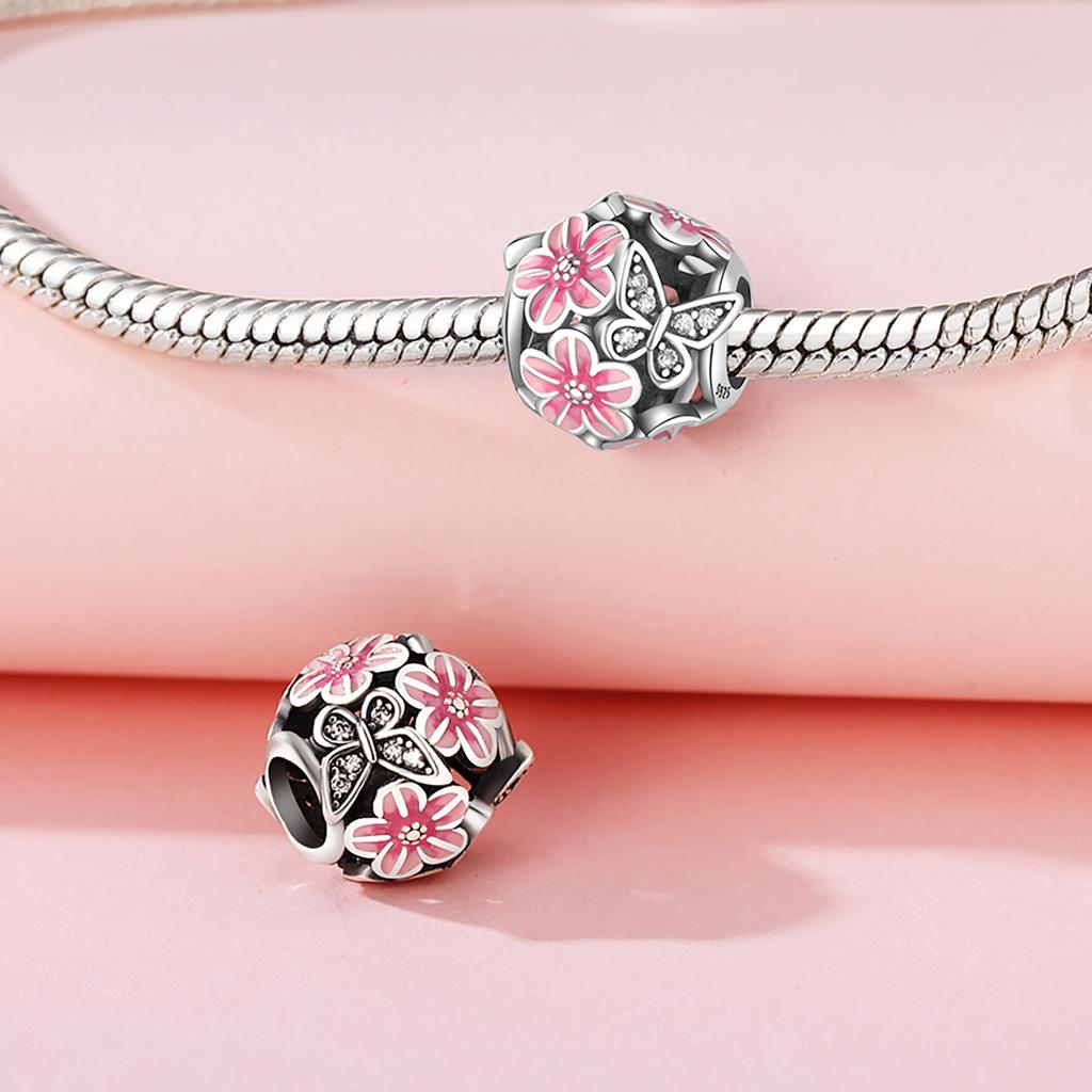 Original Copper Charms Luxury Pink Flowers Butterflies Insects Beads Beads Fit Bracelet Diy Women Delicate Gift