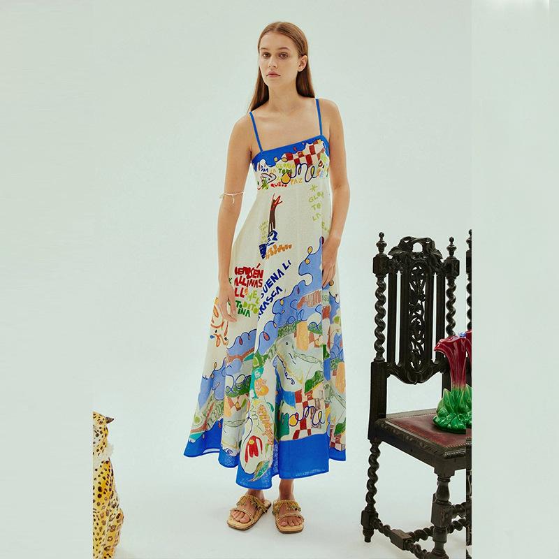 New European and American sexy suspender graffiti cotton and linen printing big pendulum dress women S