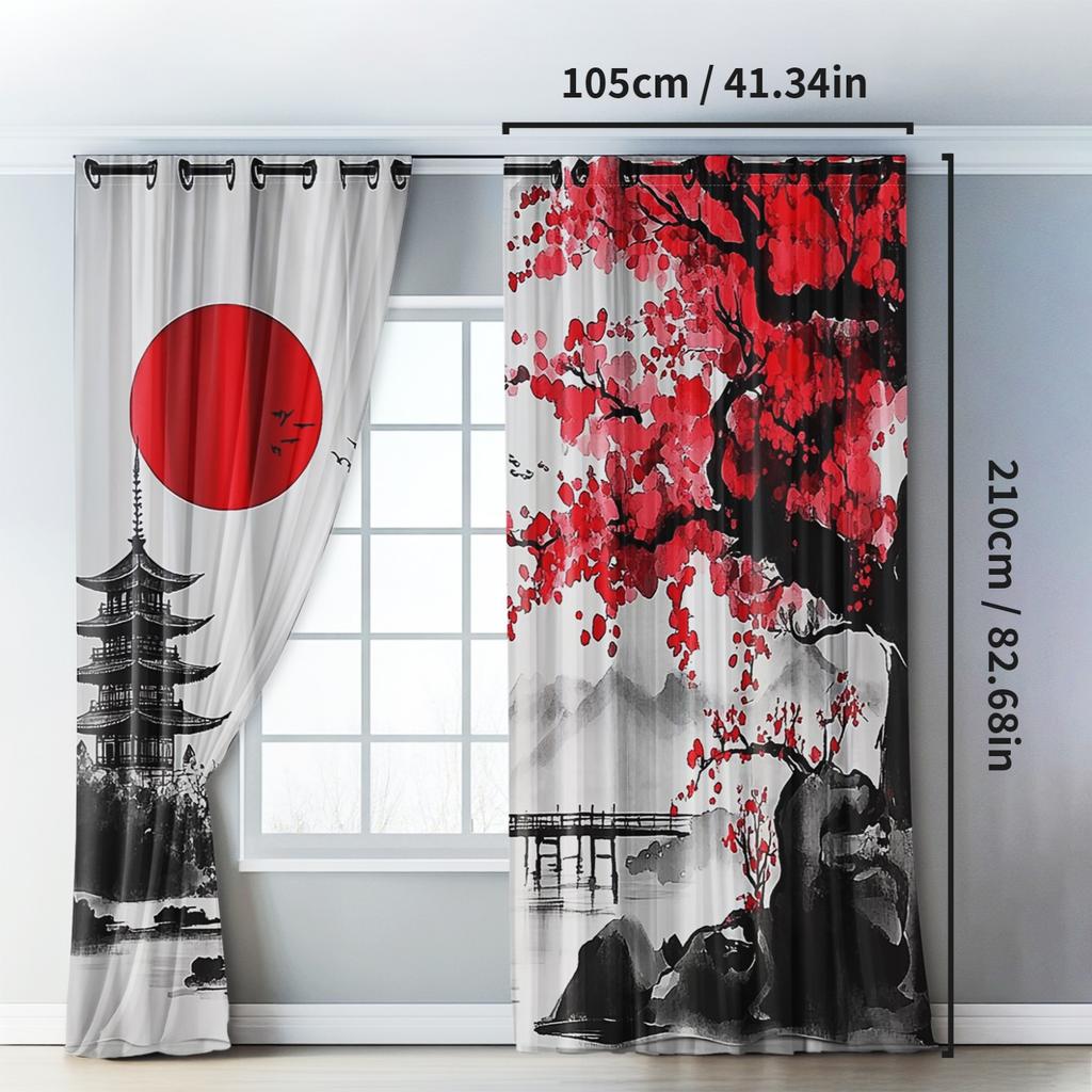 2 Pcs Classic Dark Curtains Japanese Anime Watercolor Sakura & Fuji Mountain Design for Living Room Bedroom Kitchen