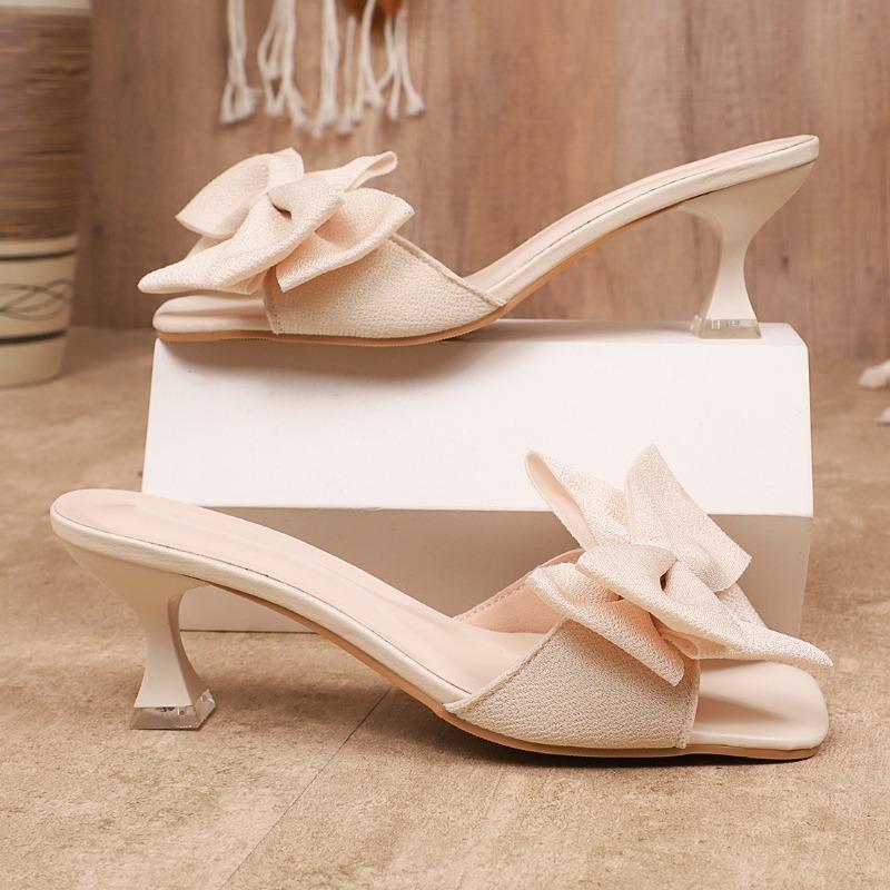 

Fashion Designer Women s Mid Heels Slippers Bow Heeled Sandals Woman Shoes 2025 New Shallow Slides Summer Fad Walking Chunky Flip Flops 43 бежевый
