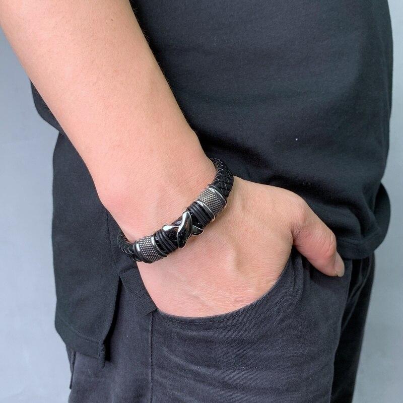 Trendy Jewelry Handmade Leather Chain Weaved Man Bracelets Fashion Clasp Bangle Stainless Steel Wristband