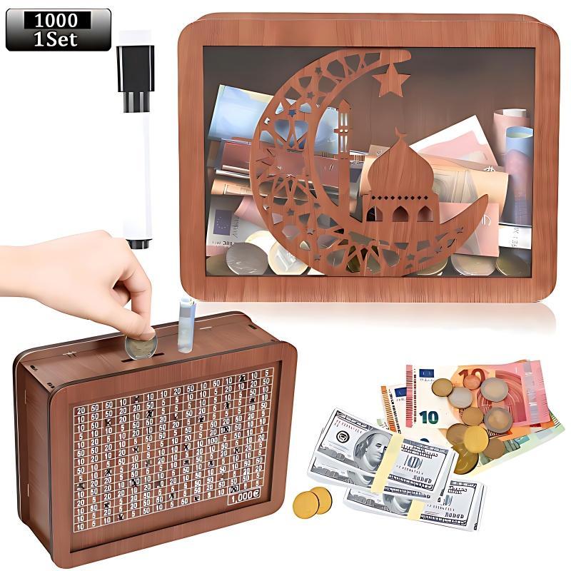 Pușculiță din lemn Cutie de bani reutilizabilă realizată manual, Pușculiță cu obiectiv de economisire și numere de verificat ajută la obiceiul de a economisi