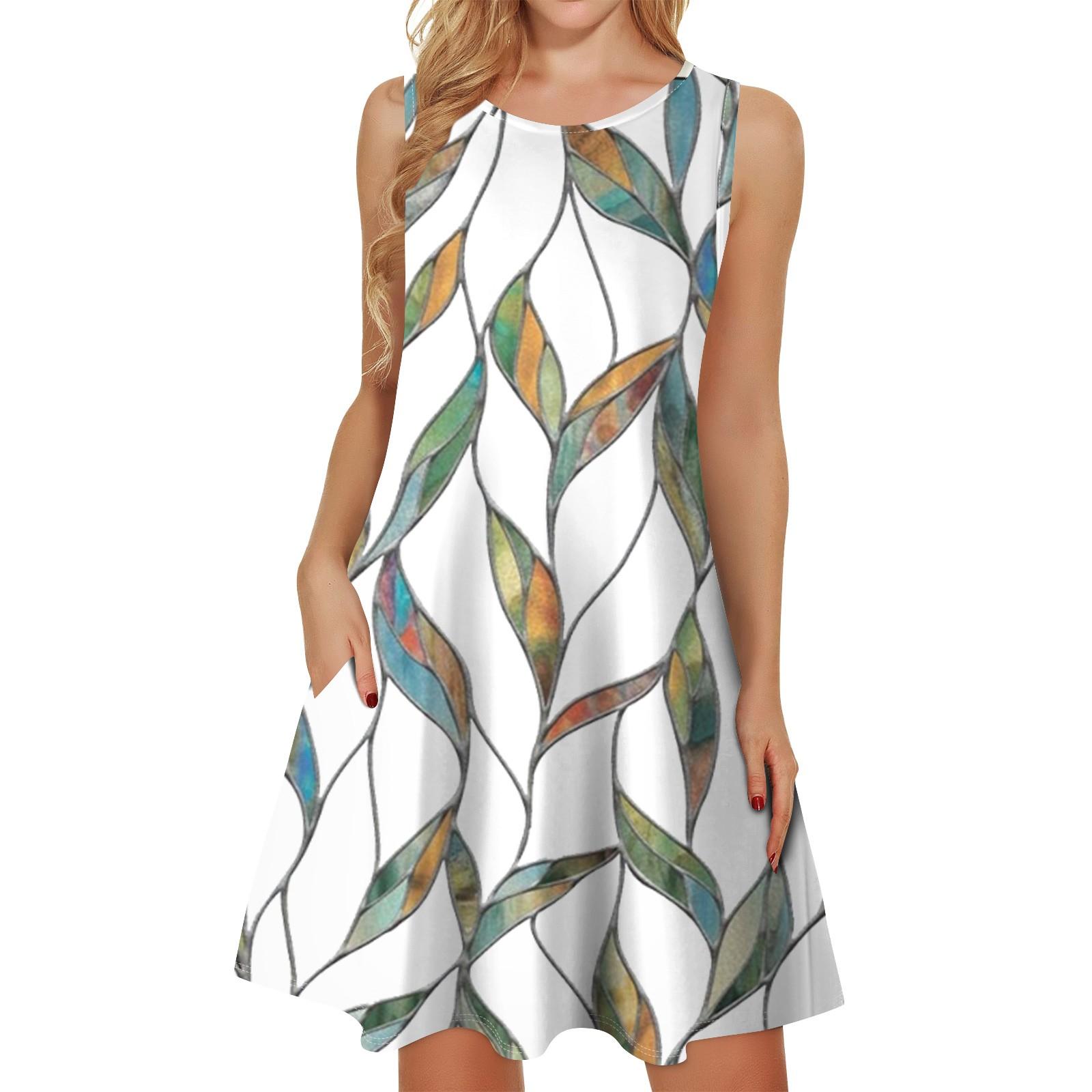 

Женские летние платья, свободные сарафаны без рукавов с U-образным вырезом и карманами M белый