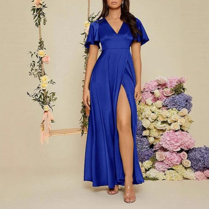 Women's Holiday Dress Solid Color Short-sleeved V-neck Sexy High Waist Slit Long Dress