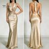 Beach Dress Women Sexy Backless Maxi Dress, Deep V Neck Sleeveless Lightweight Summer Halter Satin Long Formal Evening Party Mermaid Gown Elegant