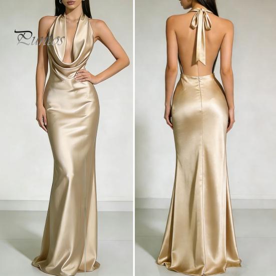 Beach Dress Women Sexy Backless Maxi Dress, Deep V Neck Sleeveless Lightweight Summer Halter Satin Long Formal Evening Party Mermaid Gown Elegant