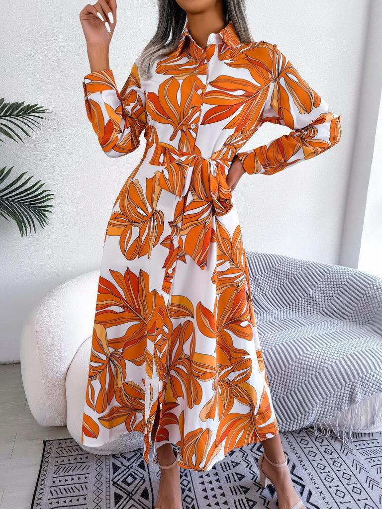 Spring/Summer Floral Lapel Tie Shirt Dress for Women - European/American Style