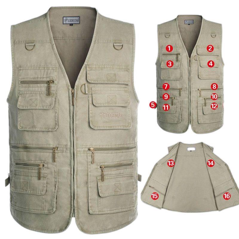 Spring & Autumn Men's Plus Size Cotton Multi-pocket Sleeveless Fishing Vest for Middle-aged & Elderly
