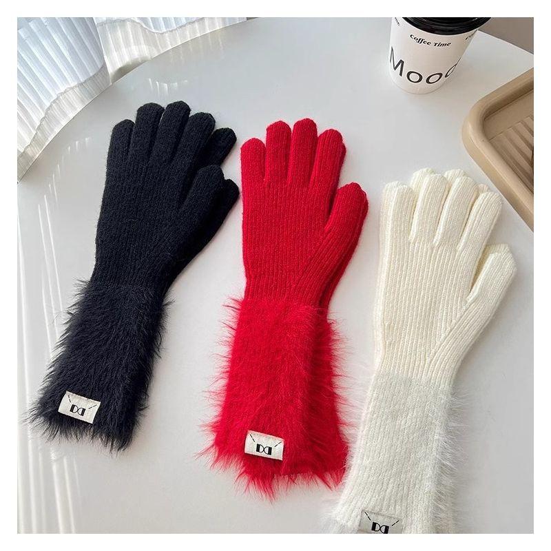 Autumn and winter dopamine solid color warm five-finger gloves versatile knitted cute student girl sweet long cycling sleeves