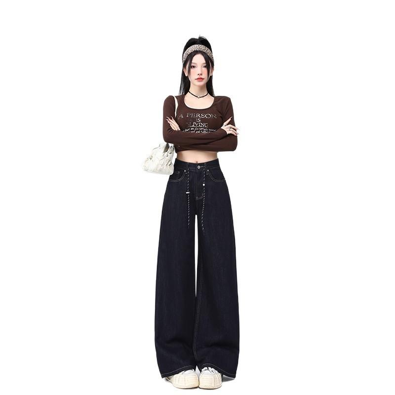Denim blue wide-leg jeans women's new high-waisted loose and versatile drape straight mopping long pants