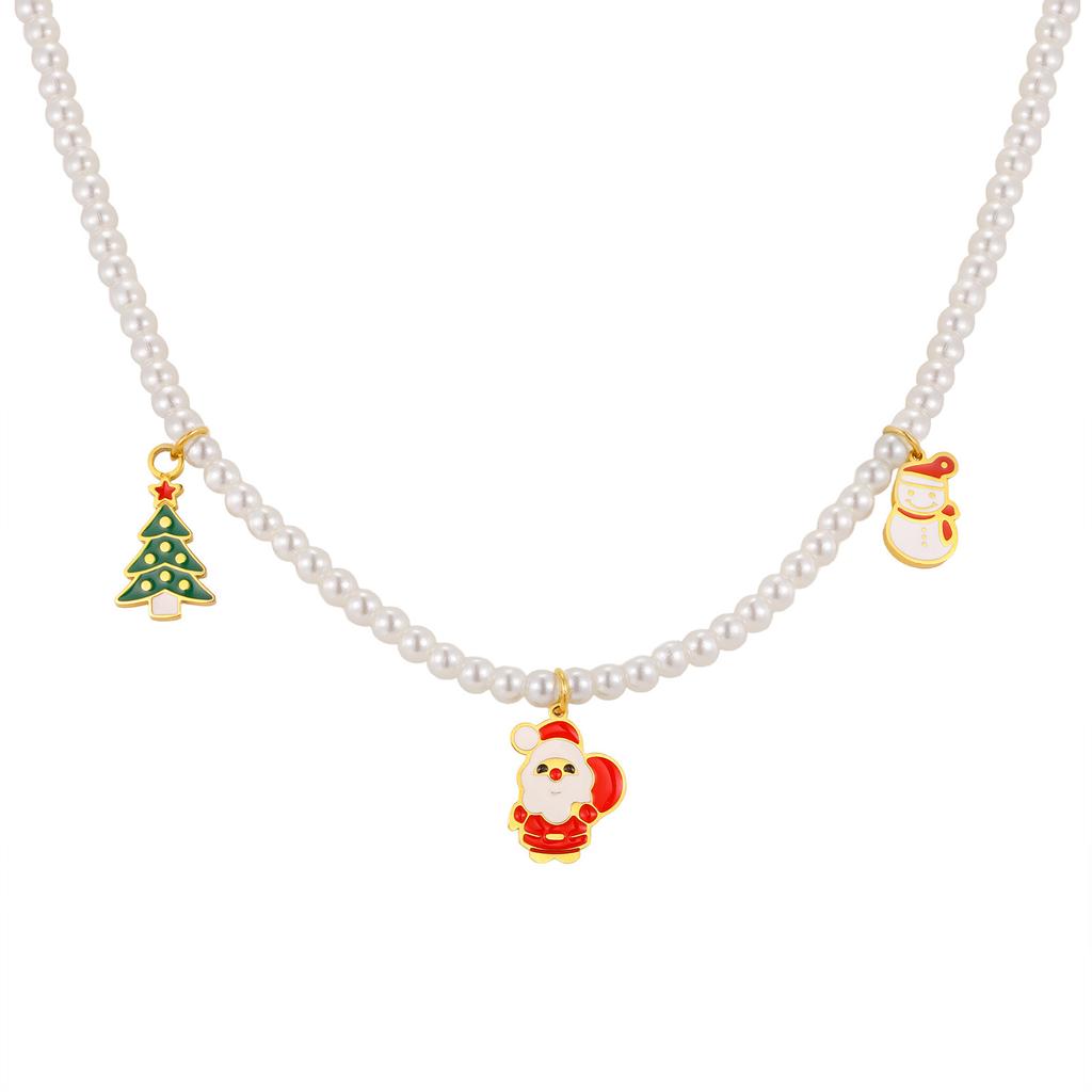 Stainless Steel Santa Claus Christmas Tree Snowman Imitation Pearl Beaded Necklace Female, Christmas Sweater Chain Nc-1256