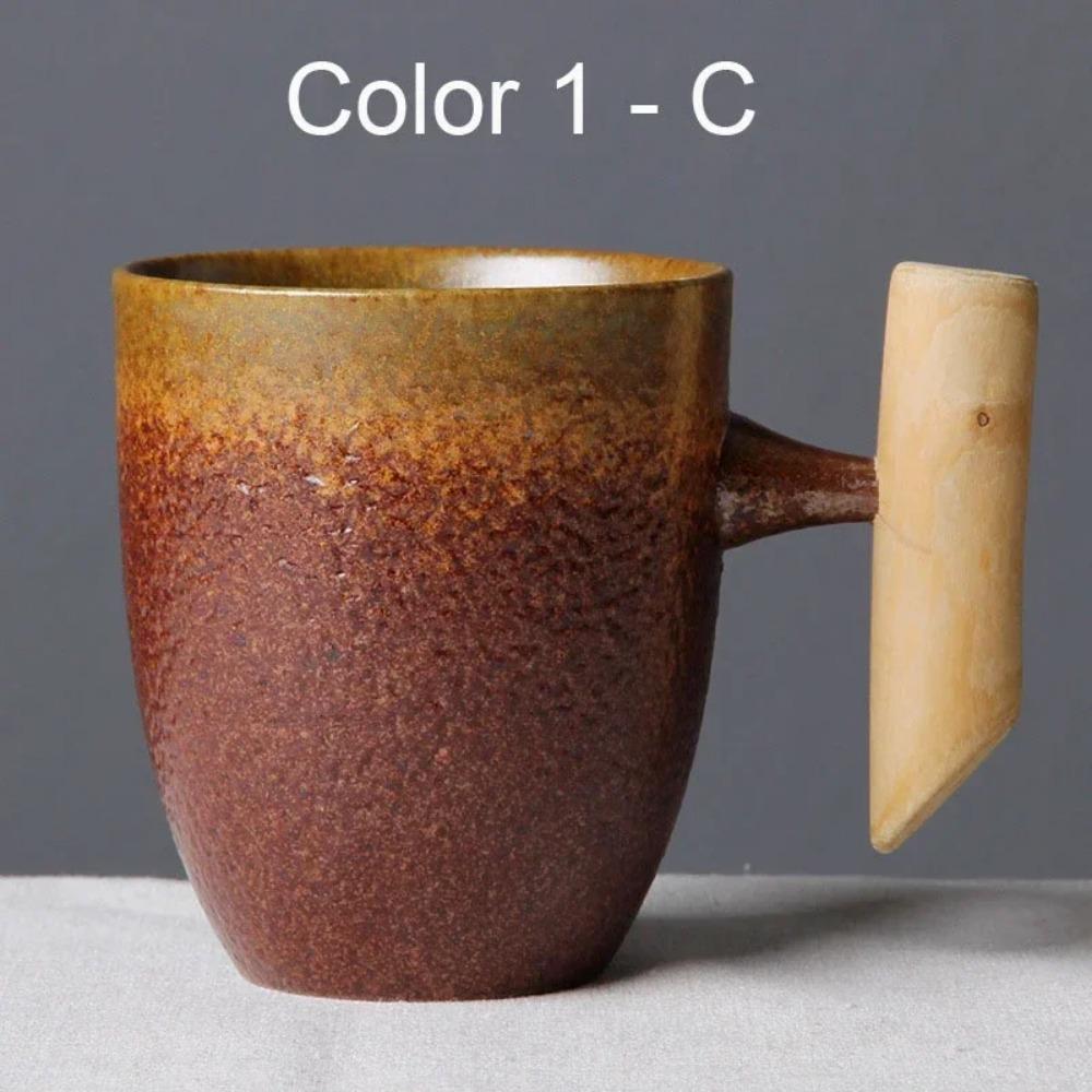 Japanese Vintage Tea Cup Set Ceramic Coffee Mug Rust Glaze Milk Cafe Cup with Wood Handle Water Cup Teacup Home Office Drinkware