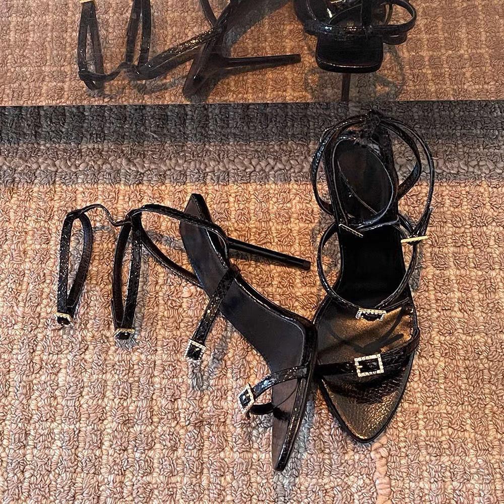 Haute couture 2025 spring and summer new temperament rhinestone square buckle super high heel sandals women's sexy side space thin heel open-toed w