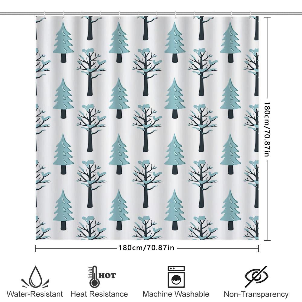 Patterned Shower Curtain With A Winter Forest Theme Blue Trees And Snowflakes On White Background Waterproof Fabric For Bathroom