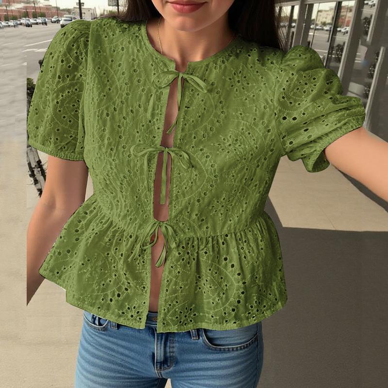ZANZEA Bluze din dantelă cu mânecă scurtă Bubble cu gât rotund de vară