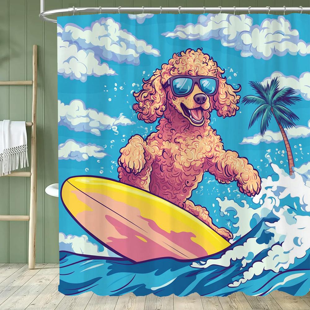 1pc Funny and Creative Surfing Cat and Dog Shower Curtain,Cartoon Bathroom Curtain,Home Polyester Decoration Curtain With Hooks