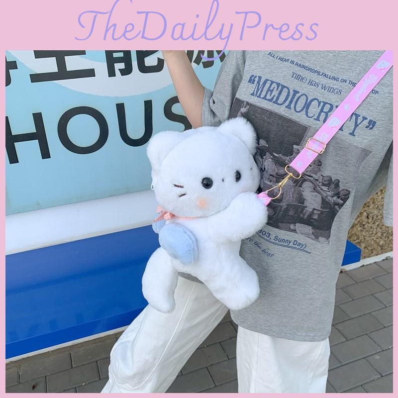 Cute Scarf White Cat Plush Doll Cartoon Shoulder Bag With Detachable Strap For Daily Use