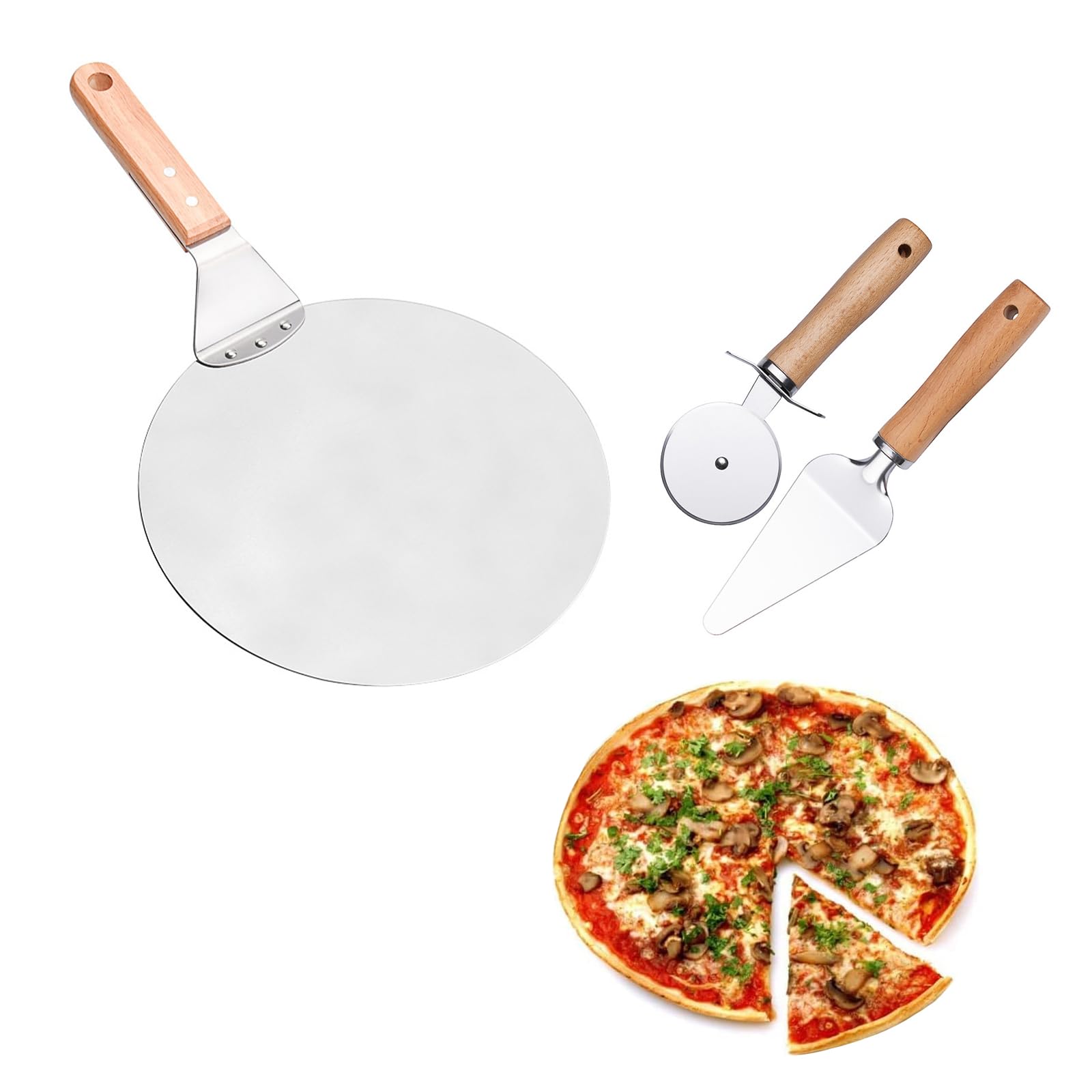 Doyime Stainless Steel Pizza Cutter Peel Set Rotating Pizza Knife with Wooden Pizza Cake Pizza Oven Finger Pie Pizza Cooking Home New Dishwasher Safe