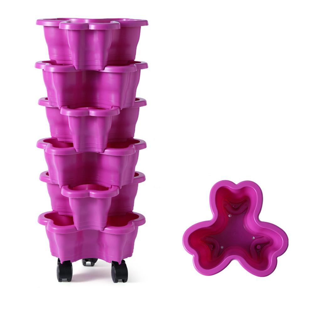 New Vertical Tower Stackable Multi-layer Plastic Flower Pot - 3 Petal 6-Tier Plant Flowerpot with Movable Caster For Home Garden