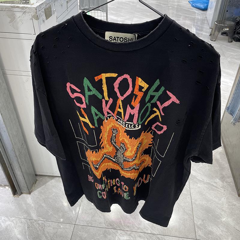 RogueWave Men Woman Fashion Crewneck Washed Damaged Hole Old Graffiti Top Tee Print Short Sleeve Streetwear