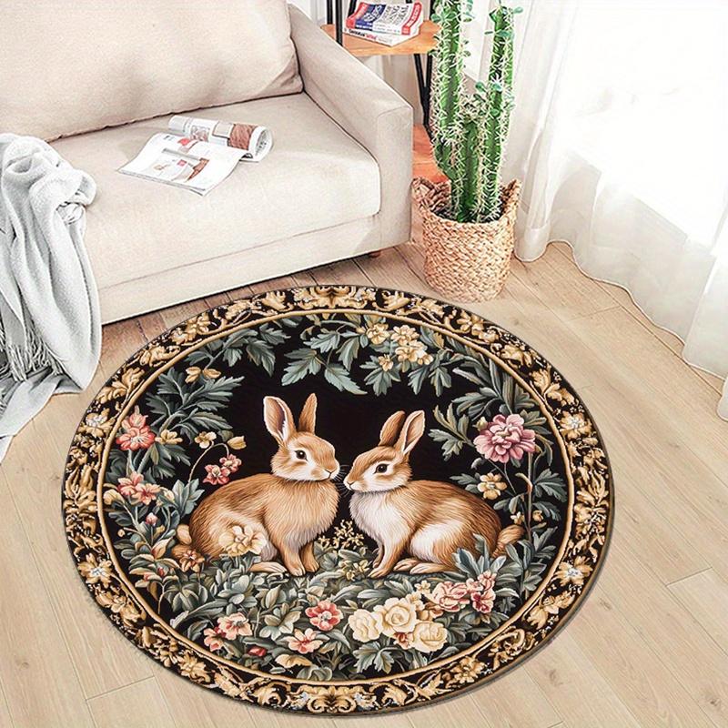 Easter Retro Floral Rabbit Pattern Round Area Rug Bedroom Living Room Garden Decor Living Room Carpet Decorative Floor Mat