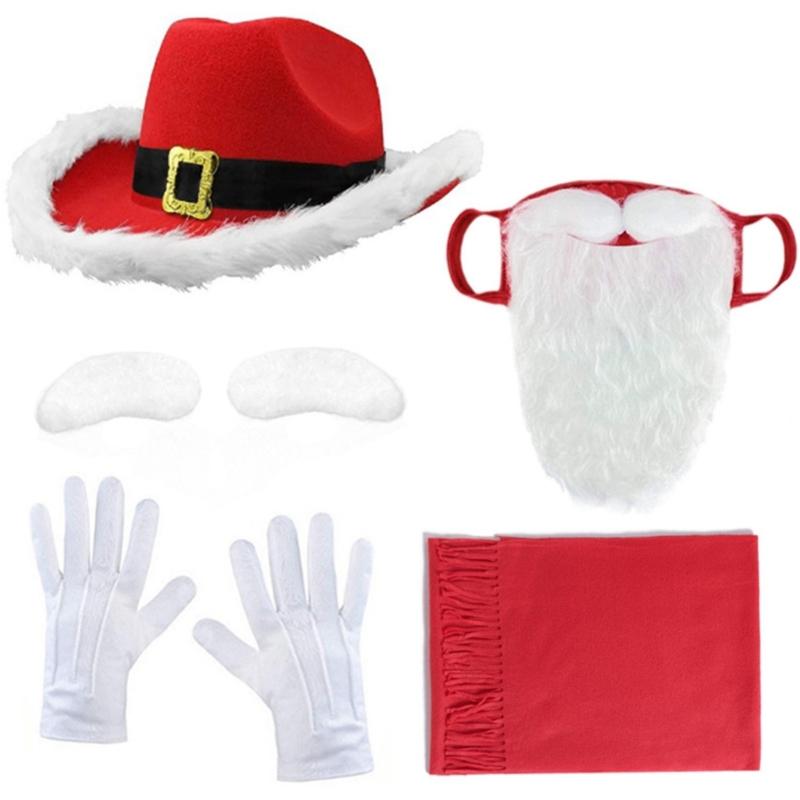 Christmas Cowman Hat Scarf Self Adhesive Eyebrows, Santa Mask with Long Beards for Women Men