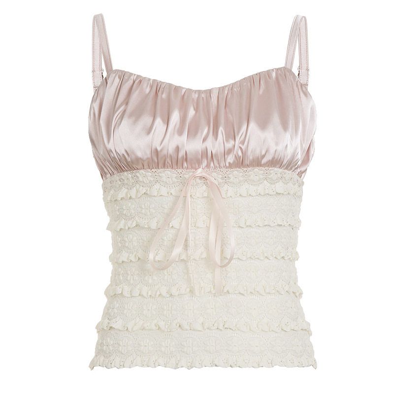 Сладкий и пряный кружевной пэчворк с бантом, молодежный топ-халтер с чисто соблазнительным атласным дизайном и элегантным стилем Pink S