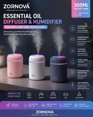 ZORNOVA Difusor de Óleo Essencial e Umidificador H20 de 300ml