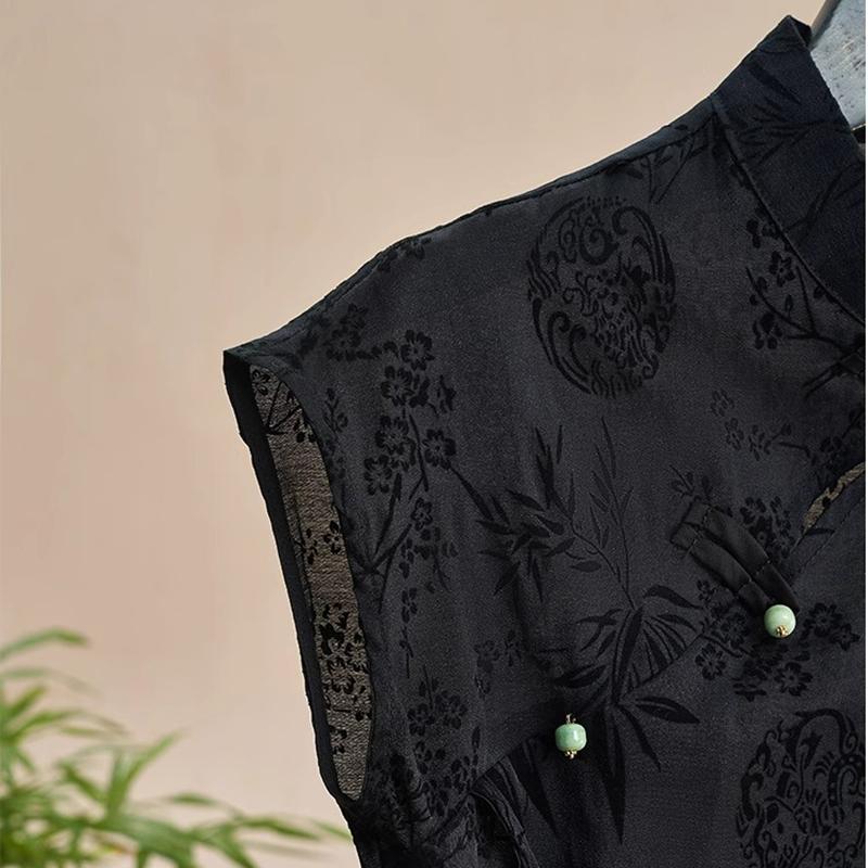 Cămașă Retro Subțire Stil Chinezesc Nou Top Cheongsam Negru Jacquard Mânecă Scurtă Tricou Vară Modă Matură Îmbrăcăminte Femei