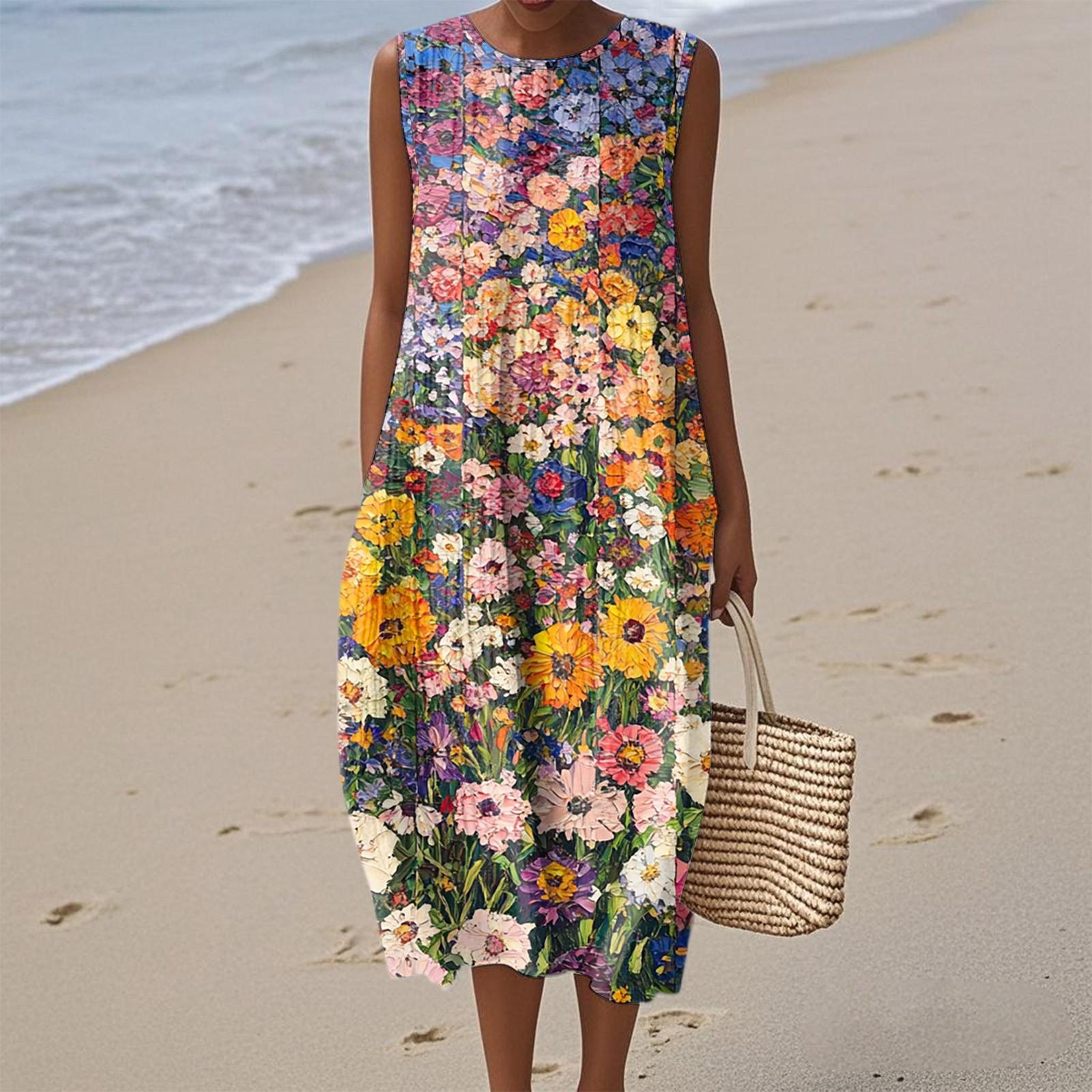 

Женское модное повседневное платье без рукавов с круглым вырезом и цветочным принтом, элегантное, темпераментное XL красный