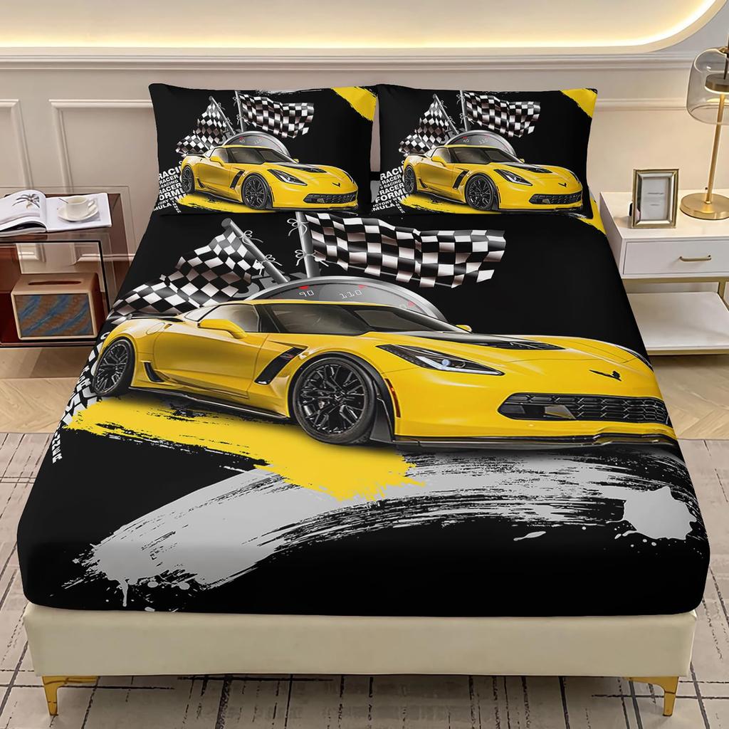 Cute Cartoon Dinosaur Racing Pattern Mattress Three-Piece Digital Printing Cute Bedding Set
