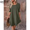 QICED Women's Fashion Summer Spring Solid Color Print Short Sleeve V-Neck High Waist Casual Dresses