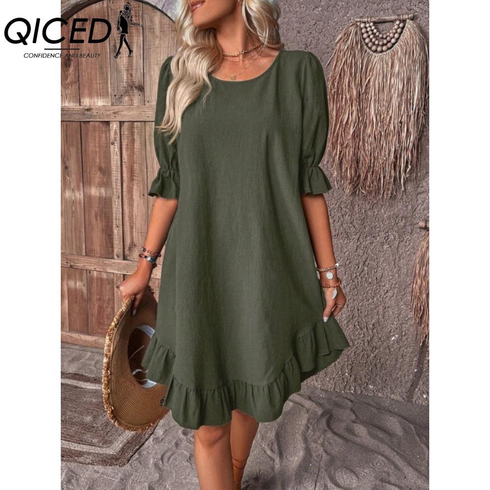 QICED Women's Fashion Summer Spring Solid Color Print Short Sleeve V-Neck High Waist Casual Dresses