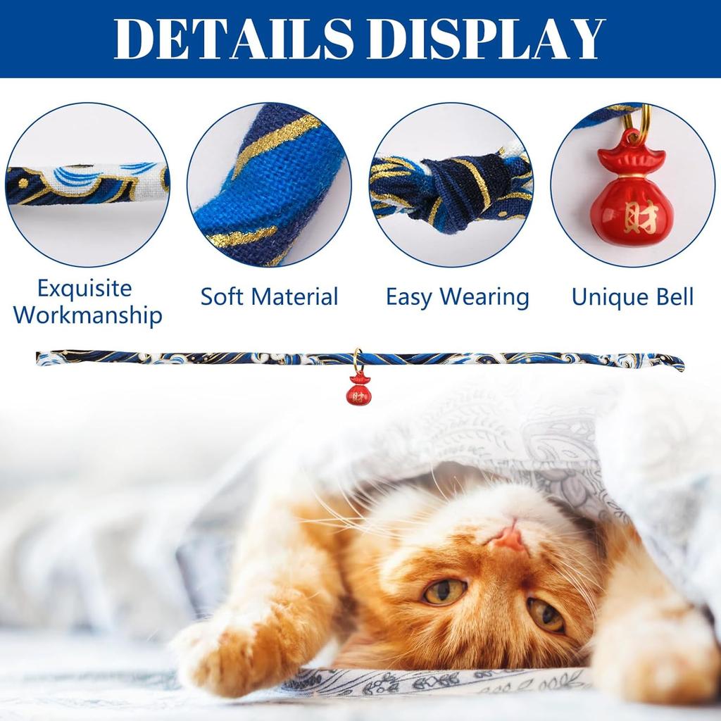 Cat Collar with Bell, 1 Pack Blue Japanese Style Waves Print Pet Collar Adjustable Cat Collar with Fortune Bell for Small Cats Puppy Pets, M
