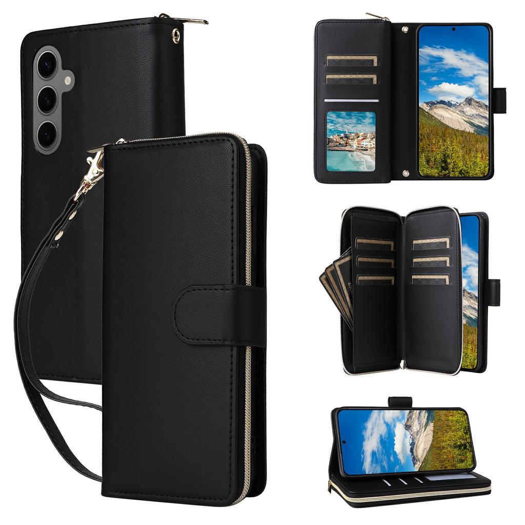 For Samsung Galaxy S25+/S24+ Case Zipper Pocket PU Leather Cover with 9 Card Slots